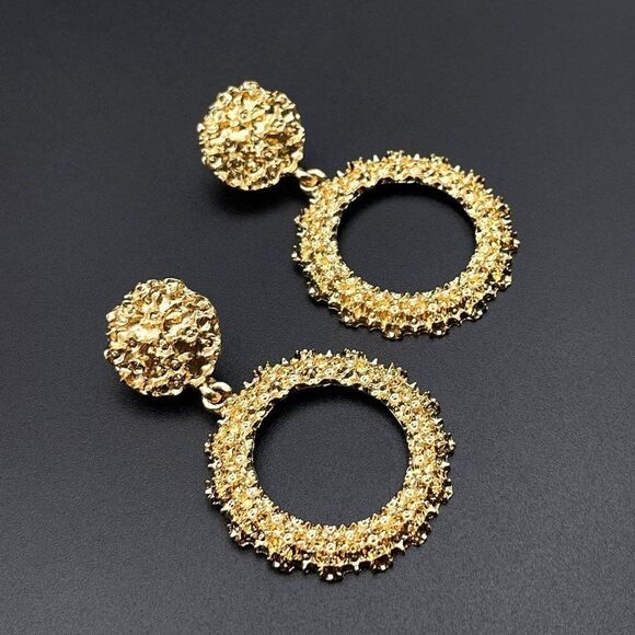 Yellow Gold Double Round Circular Textured Dangling Drop Post Back Earrings - Picture 3 of 10
